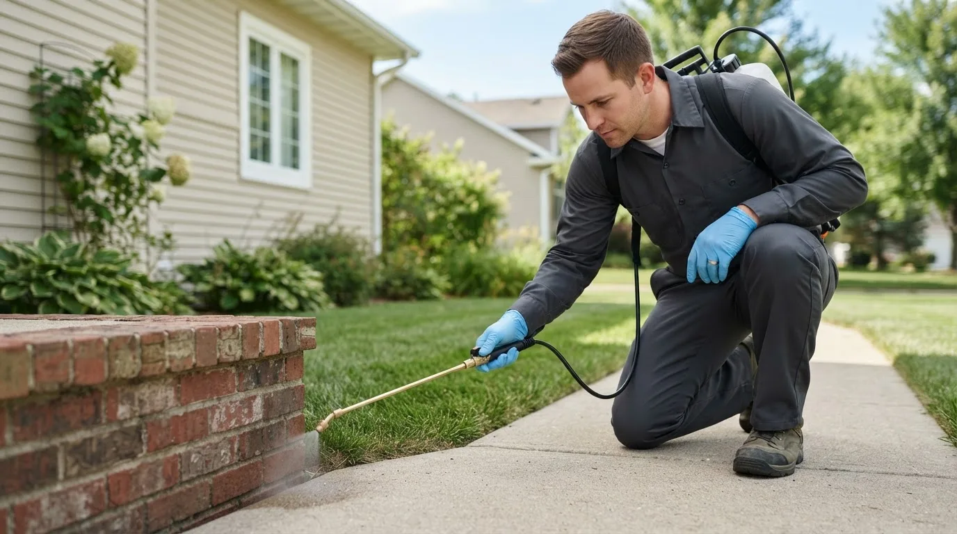 Pest control technician treating a home near Garrett, IN